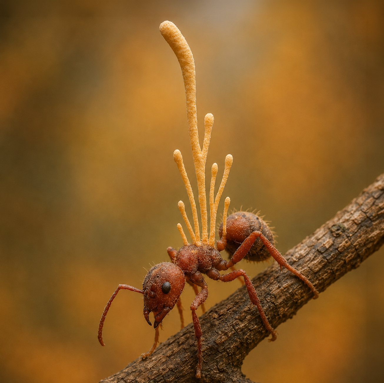 Hongo Cordyceps creciendo sobre una hormiga