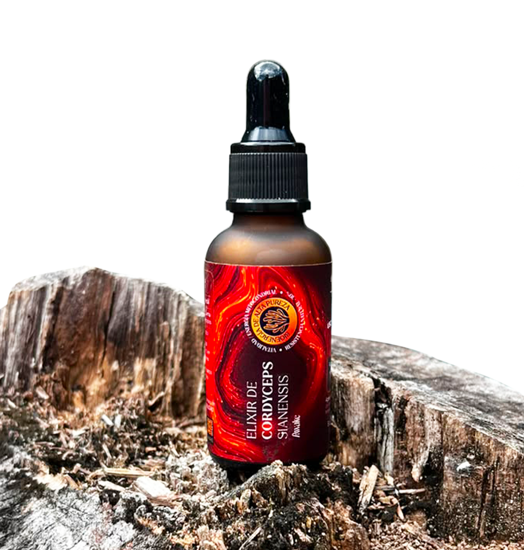 Elixir de Cordyceps de Awake sobre un tronco